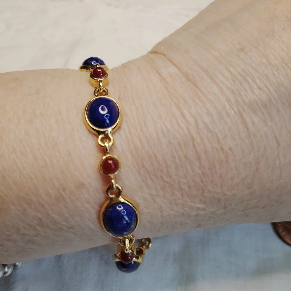 Gold‑Tone Lapis Lazuli & Carnelian Cabochon Link Bracelet, 7.5